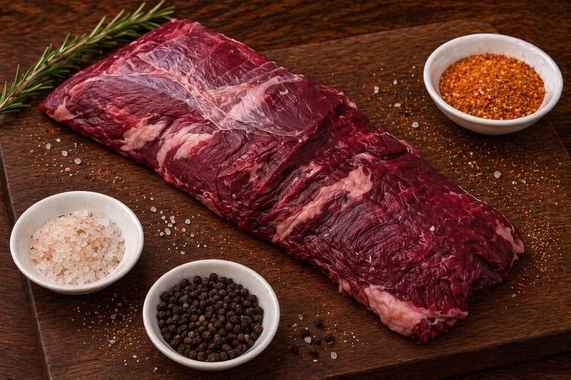 Raw BISON steak on a wooden cutting board with spices and seasonings.